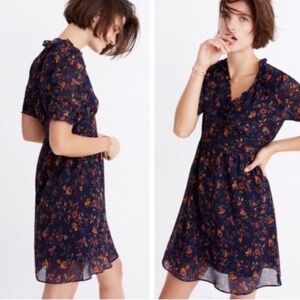 Madewell Freesia Mini Dress in Climbing Vine Floral Ruffle Trim Navy Size 6 NWT